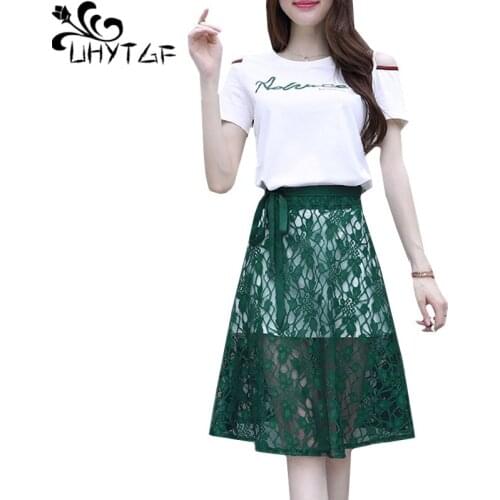 UHYTGF Summer 2 piece set skirt set women Small fresh fashion white dress with lace skirt elegant Cute girl casual skirt sets113