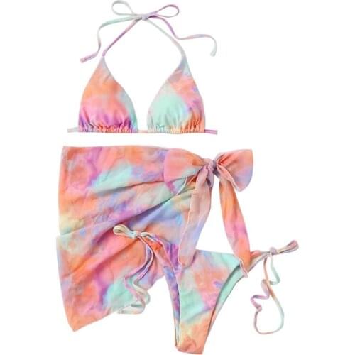 L5YA Women 3pcs Gradient Rainbow Bikini Halter Triangle Swimsuit with Cover Up Skirt