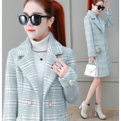 Women Gold Mink Woolen Coat Female Winter Jacket Mid-length lattice Imitation Mink Wool Coats Women Overcoat Outerwear Tops R892