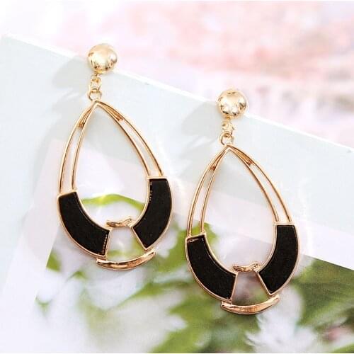 2019 Fashion Water Drop Shape Geometric Drop Earrings For Women Bohemian Gold Metal Inlay Wooden Hanging Earring Simple Jewelry