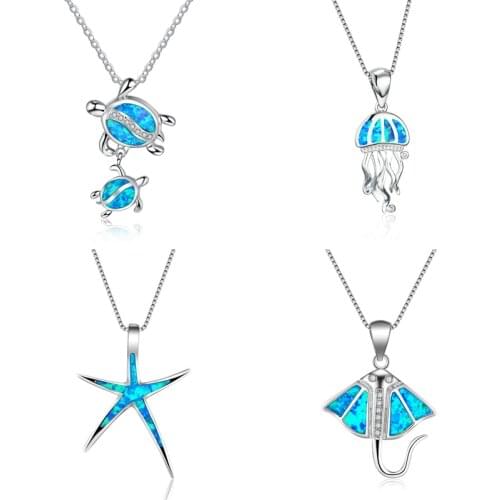 Bohemia Blue Imitation Opal Cute Starfish Pendant Necklace For Women Charm Crystal Animal Turtle Necklace Jewelry Gift for Women