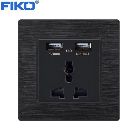 FIKO 13A universal socket with USB ,Black Aluminium Alloy Panel 5 pin wall power 86mm*86mm Household socket family hotel socket