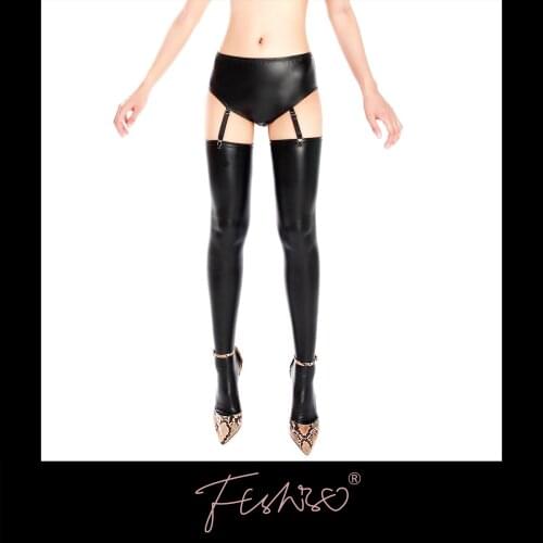 Ftshist Womens Wet Look Briefs High Waist Matte Black PU Leather Panties Fit Garter Socks Faux Leather Crossdress Lingerie