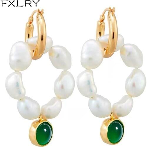 FXLRY Vintage Natural Freshwater Pearl Emerald Glass Stone Circle Pearl Earrings Detachable Earrings For Women Party Jewelry