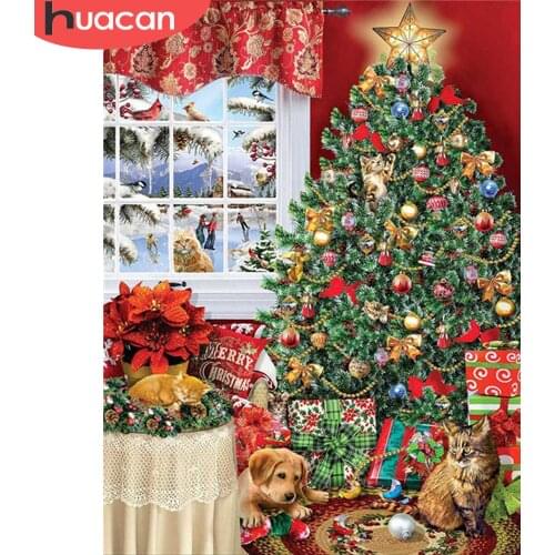 HUACAN 5D DIY Diamond Painting Christmas Tree Full Square Diamond Embroidery Cat Mosaic Animal Decortion