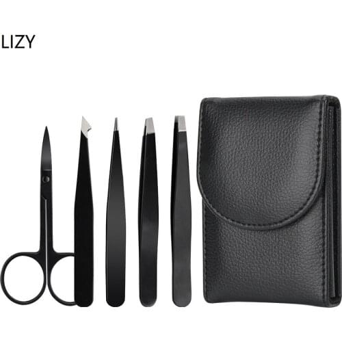 LIZY Stainless Steel Eyebrow Clipper Forceps with Oblique Mouth Eyebrow Trimmer Clip PU Bag Cosmetic Beauty Makeup Tools Set