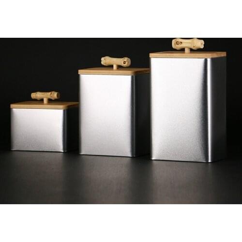 Frosted Tin Sealed Can Tea Box Storage Bottle Chinese Simple Natural Bamboo Cover Kitchen Storage Jars Containers Seasoning Tank