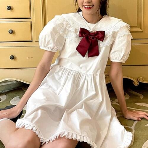 Japanese Sweet Girl Bow Lace Princess Dress Cute Peter Pan Collar Kawaii Puff Sleeve Drees Women Elegant Retro Lolita Lace Dress
