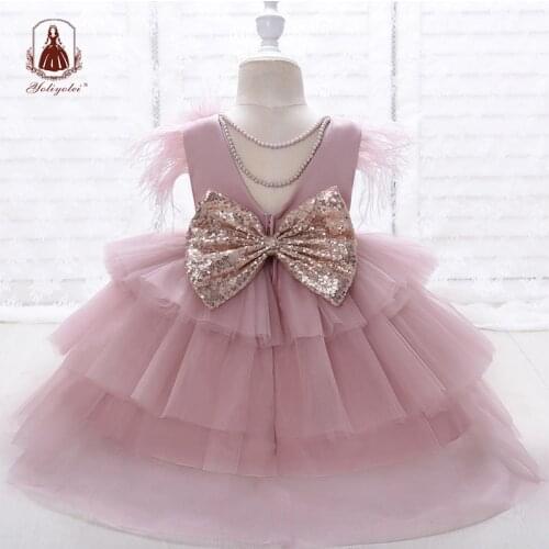 Yoliyolei Tiered Layers Tulle Dress Girl Gown Pearls Necklace V Back Design Holidays Wedding Clothes for Children Casual