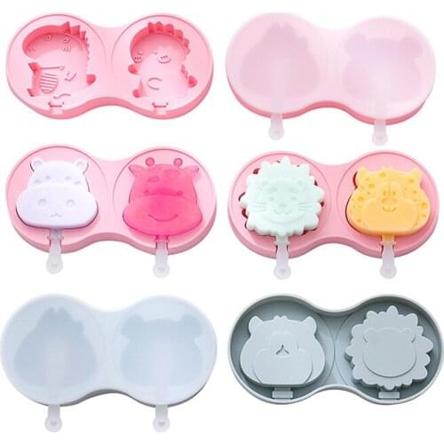Cartoon Animal Double Grid Ice Cream Silicone Mold with Lid DIY Homemade Dessert Popsicle Mold Summer Ice Maker Kitchen Gadgets