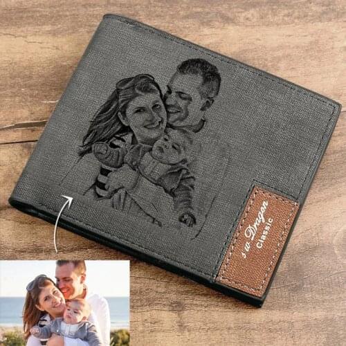 Mens Engraving Photo Wallet Vintage Engraved Short Wallet Small Custom Purse Luxury Brand Design Personalized Gift for Him 2021