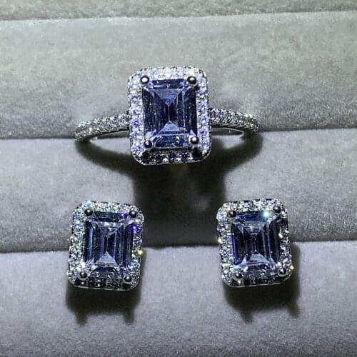 Real 925 Sterling Silver Jewelry set halo Engagement ring round stud earring for Wedding christmas Valentines Day gift party