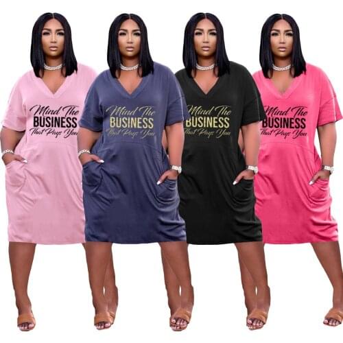 Wholesale Items Short Sleeve Casual Dress V Neck Letter Printed Plus Size S-3XL Fashion Loose Streetwear Pockets Midi Dress 2021