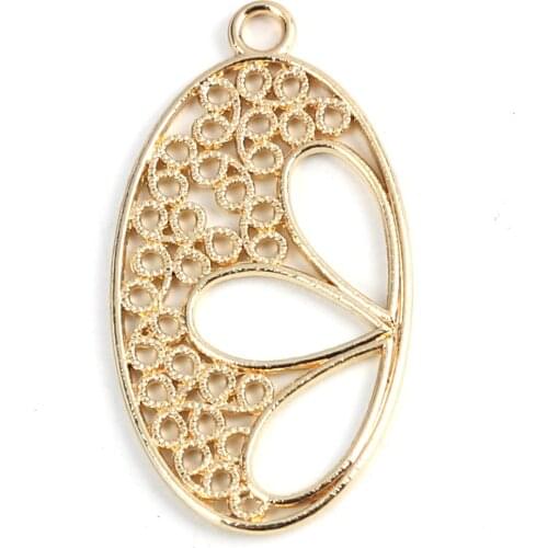 10 PCs Oval Hollow Flower Charms Zinc Based Alloy Pendants Gold Color For DIY Necklace Earring Jewelry Making