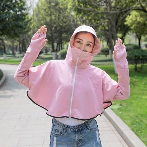 Womens Shawl Sun Protection Clothing Female Short Jacket UV Protection Cloak Hooded Tops Solid Color Big Hat Anti-dust