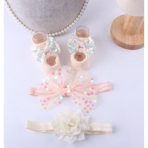 3Pcs/Set Sequin Floor Slipper Socks + Yarn Bow Elastic Headband for Kids Baby Girls 0-12 Months