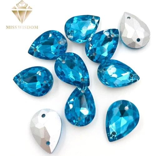 10X14/13X18mm water drop Lake blue glass crystal pointback Double hole sew on rhinestones Diy dress wedding accessories