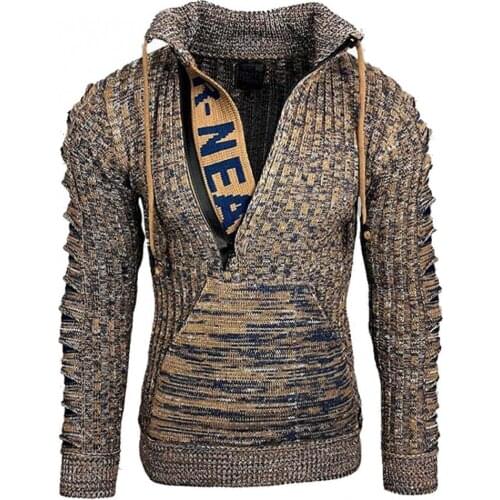 Men Autumn Winter Pullover Letters Printed Sweater Long Sleeve Turn Down Collar Ripped Jumper Outerwear