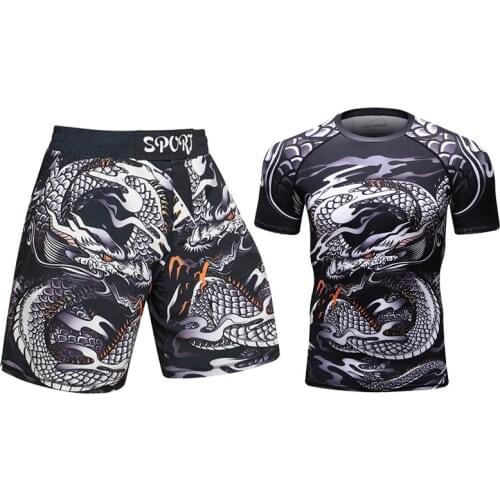 Guangdong Quick Dry Mens Custom MMA Shorts Uniform Quantity Set MMA Logo Sportswear rashguard + shorts mens design