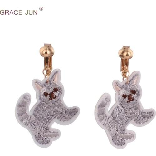 GRACE JUN Clip on Earrings for Girl Fashion Party Wedding Embroidery Cat Without Pierced Earrings Luxury Jewelry Accessory New