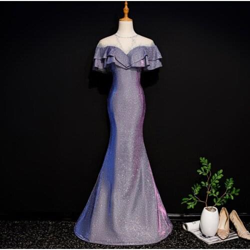 Bling Trumpet Evening Dresses Illusion Crystal O-neck Floor-length Ruffles Custom Plus Size Blue Formal Evening Dress R1252