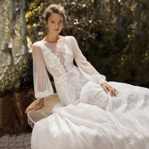 Thinyfull Simple Backless Wedding Dresses O Neck Mermaid Long Puffy Sleeve Bride Dresses Tulle Lace Appliques Bridal Gown 2020