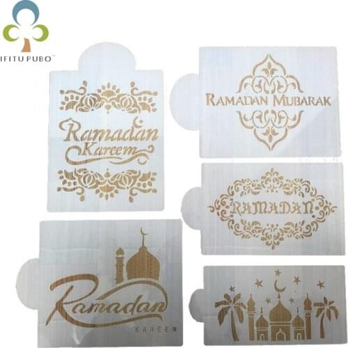 5pcs/set Ramadan Kareem Spray Stencils Birthday Cake Mold Decorating Bakery Tools DIY Kicthen Accessries for eid mubarak GYH