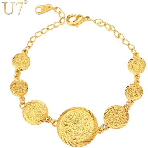 U7 Antique Coin Bracelets For Women Trendy Link Chain Bracelets & Bangles Dubai Gold Color Jewelry Wholesale H703
