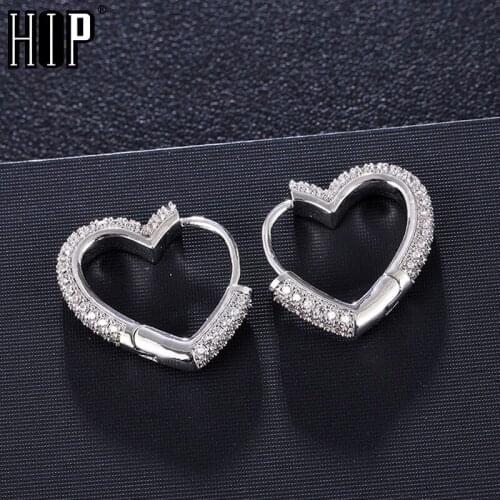 Hip Hop 1Pair Bling Heart Zircon Micro Paved Iced Out Rhinestone CZ Stone Stud Earring Copper Earrings For Men Women Jewelry