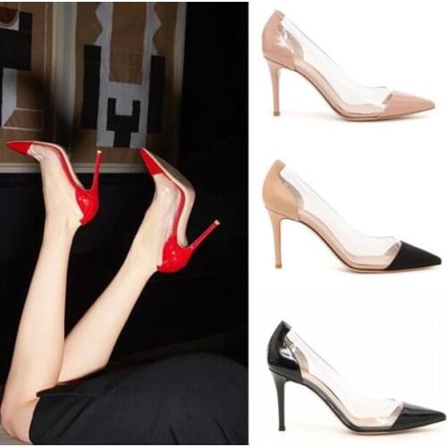 Moraima Snc Pointed Toe High Heel Shoes Woman PVC Patchwork Thin Heels Party Dress Shoes Transparent Stiletto Heels