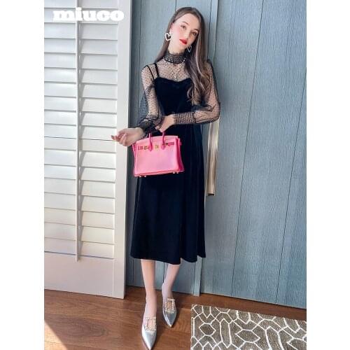 Velvet stitching wave dot mesh sleeve auricular collar Plush dress womens wear 2021 Spring new High Quality Top Quality