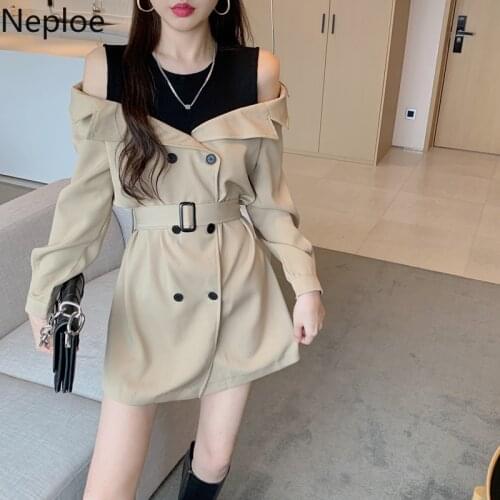 Neploe Temperament Woman Dress Chic Patchwork Fake Two Piece Vestidos De Mujer Sexy Off Shoulder Slim Waist Trench Mini Dresses