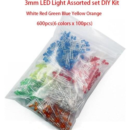 600pcs(6 colors x 100pcs) White Red Green Blue Yellow Orange 3mm 20mA Diffused Light-Emitting Diode LED 3V Lamp Assorted Kit Set
