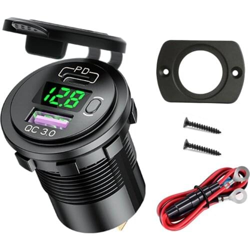 Auto Quick Charger Motorcycle P21-B Dual 3.0 USB Charger Socket LED Display with Voltmeter + Switch + Wires Kit for Truck Boat