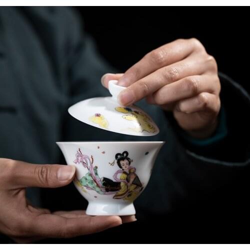 Zhongjia kiln cup tea cup Jingdezhen kungfu tea set tea maker hand painted famille rose Sancai cup large tea bowl set