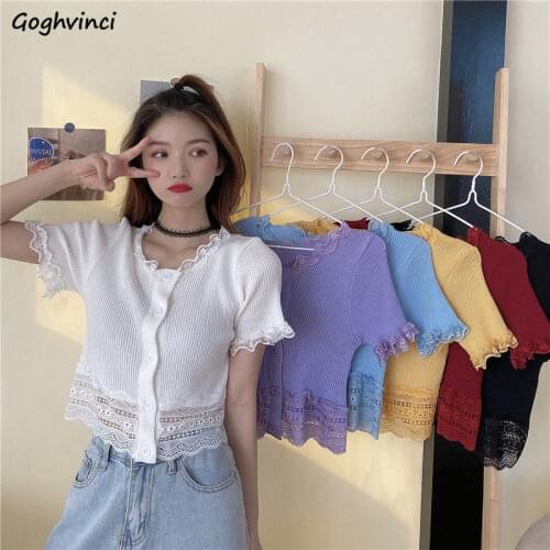 Short Sleeve T-shirts Women Lace Patchwork Crop Top Ins Chic Sweet Student Ruffled Single Breasted Tees Korean Slim Knitwear New