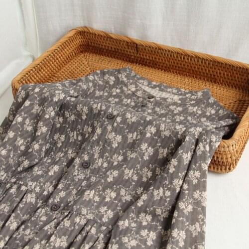Forest vintage flowers print long sleeve cotton linen dress