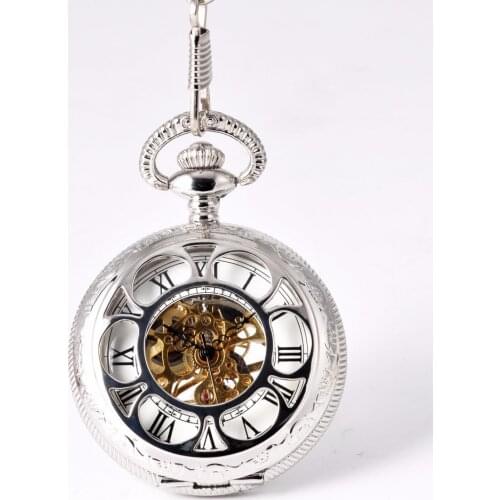 Pocket Watch sliver Mechanical Petals Retro Fashion Simple Engraving Handmade Round Mechanical Watch Unisex