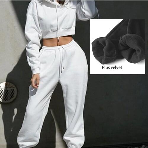 2pcs Set White Cropped Hoodie Fleece Warm Clothing Sport Fitness Tracksuit Lace Up Outfit Women Casual Outdoor Plus Size