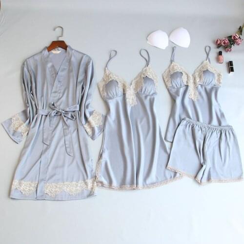 Women Pajamas Sets Satin Sleepwear Silk 4 Pieces Nightwear Pyjama Spaghetti Strap Lace Sleep Lounge Pajama With Chest Pads