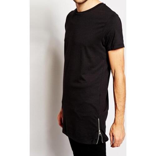 Brand New Clothing Mens Black cotton t shirt Hip Hop Short Sleeve longline streetwear t-shirt Zip Regular O-neck long t shirt