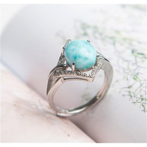 Genuine Natural Larimar Crystal Round Stone Beads Anniversary Stering Sliver Ring 8*10mm