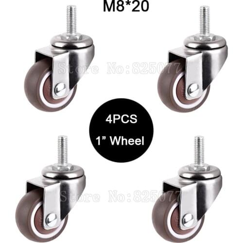 Brand New 4PCS 1'' Heavy 360° Swivel Wheels M8x20 Screw Rod Rubber Super Mute Furniture Casters