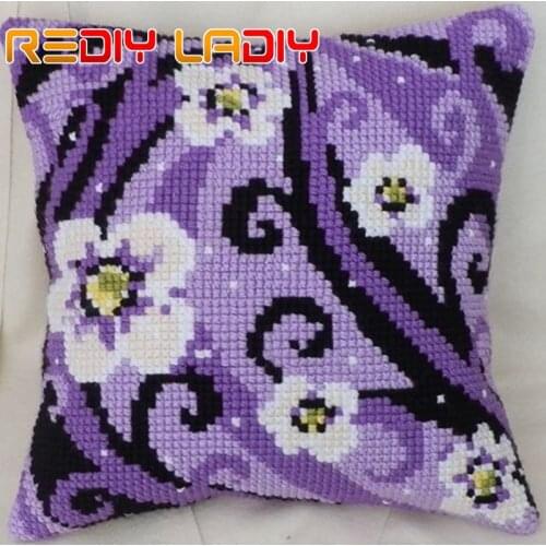 Cross Stitch Cushion White Flowers Chunky Yarn Cross-Stitch Kits Needlework Pre-Printed Canvas Pillow Home Decor Arts & Crafts