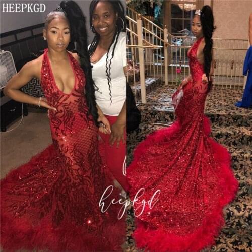Luxury Red Sequins Mermaid Prom Dresses With Feathers Backless Long Train Black Girls Pageant Dress Customize Graduation Gowns