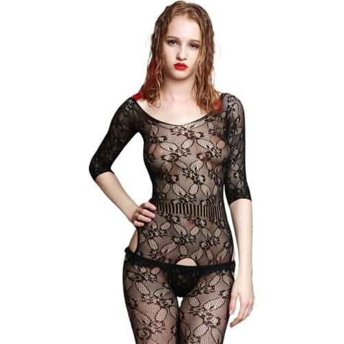 Mesh Sexy Lingerie Women Open Crotch Fishnet Stockings Female Bodysuit Embroidery Erotic Underwear Ladies See Through Tights