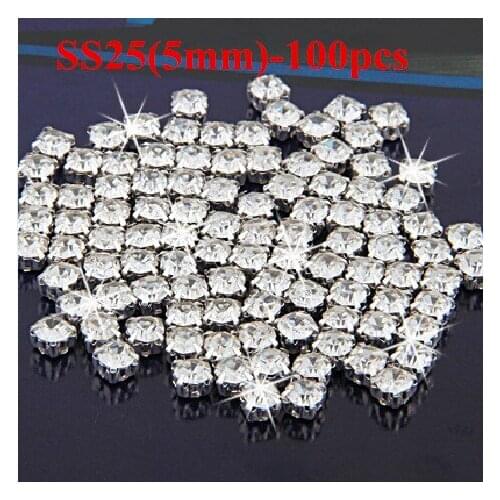 100pcs SS25(5mm) Glass Stones Silver Base Flatback Claw Rhinestones Clear Crystal Sew On Rhinestones DIY Garment Findings T03