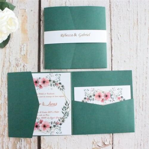 Faire part mariage wedding Invitations with customized printed floral insert cards & belly band 50pcs