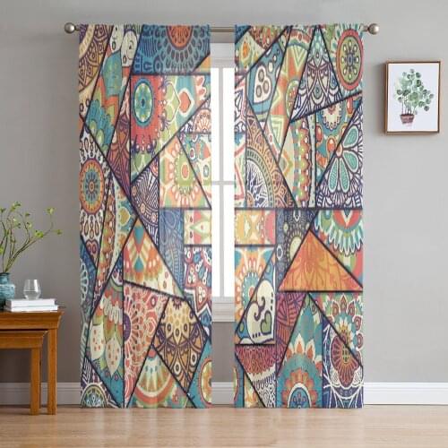 Bohemian Pattern India Triangle Sheer Curtains for Living Room Modern Voile Curtain Bedroom Tulle Curtains Window Drapes Decor