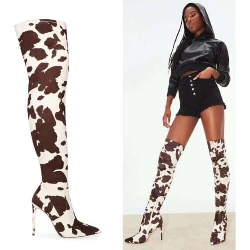 US4-11 Womens Over The Knee Boots Cow Colors Stretchy Printed Stilettos High Heel Shoes Sexy Warm Winter Plus Size 2Colors